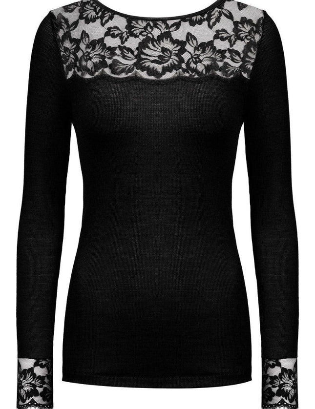 Mey Bodywear Mey T-shirt long sleeve Serie Wool Love kant 66015 – Zwart, voorkant