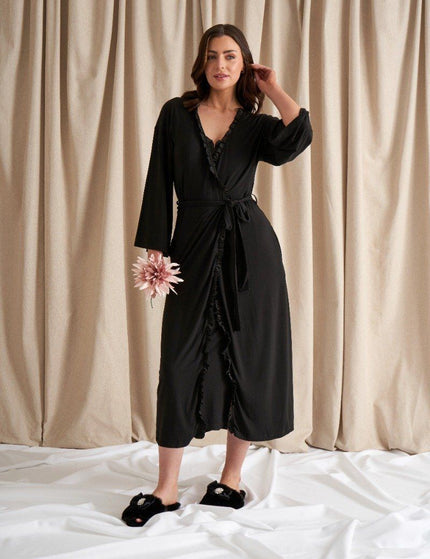 Pretty You London Bamboo Longline Kimono Frill black – op model
