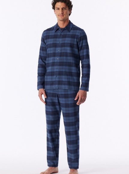 Schiesser heren Pyjama Flanel geruit 183846 843 faded denim