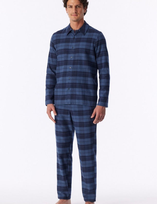 Schiesser heren Pyjama Flanel geruit 183846 843 faded denim