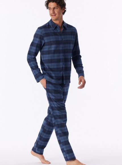 Schiesser heren Pyjama Flanel geruit 183846 843 faded denim